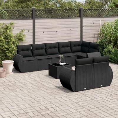 9-delige Loungeset met kussens poly rattan zwart
