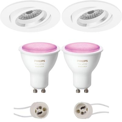 GU10 Inbouwspot Set - Mat Wit - Inbouw Rond - Kantelbaar - Philips Hue - White and Color Ambiance - Bluetooth - Pragmi Aerony Pro - Ø82mm