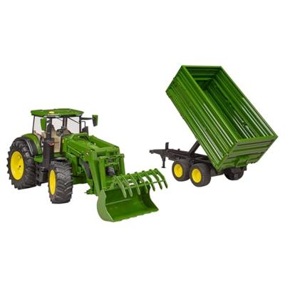 John Deere 7R 350 met voorlader en trailer van Bruder - thumbnail