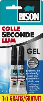 Bison secondelijm, tube van 3 g, blister van 2 stuks (1 + 1 GRATIS)