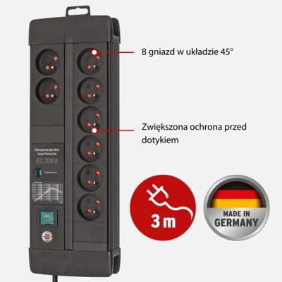 Brennenstuhl Premium-Line 60.000A Extension Lead With Surge Protection 8-Way Duo Black 3M H05Vv-F 3G1.5 *Be* - 1256004698