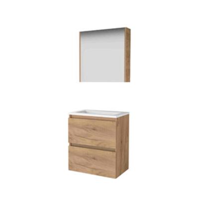 Basic-Line Comfort 39 Badkamermeubelset - Ondiep - 60 x 39 cm - Greeploos - 2 Lades - Acryl Wastafel - Zonder Kraangat - Spiegelkast - Whisky Oak