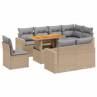9-delige Loungeset met kussens poly rattan beige