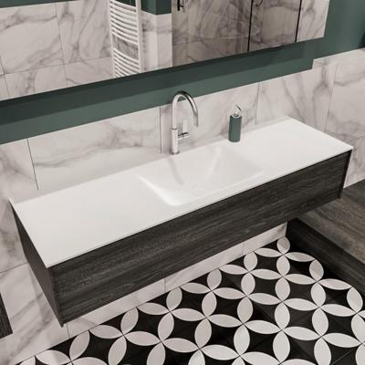 Mondiaz Lush Cloud badmeubel eiken Dark brown 150 cm 1 lade solid surface enkele spoelbak midden 1 kraangat