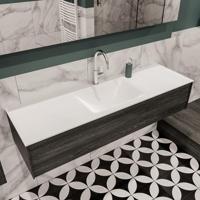 Mondiaz Lush Cloud badmeubel eiken Dark brown 150 cm 1 lade solid surface enkele spoelbak midden 1 kraangat - thumbnail