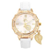 Dial verguld Diamond PU lederen riem horloge met blad hanger (wit) - thumbnail
