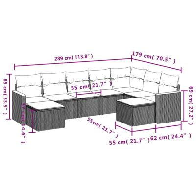 9-delige Loungeset met kussens poly rattan zwart