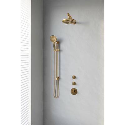 Gold Edition thermostatische inbouw regendouche set 19 - 20 cm douchekop, rechte muurarm, 3-standen handdouche, doucheslang, goud geborsteld PVD