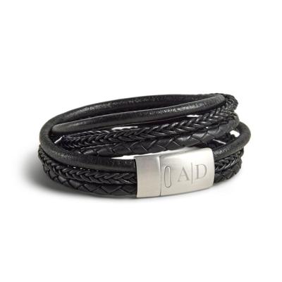 Luxe dubbele heren armband leer graveren - Zwart - S Luxe dubbele heren armband leer graveren - Zwart - S