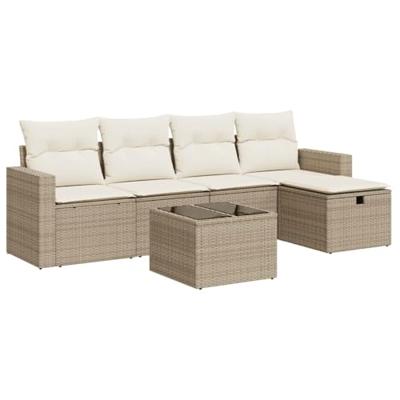 6-delige Loungeset met kussens poly rattan beige
