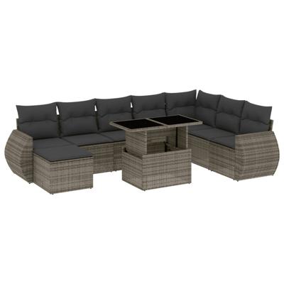 9-delige Loungeset met kussens poly rattan grijs