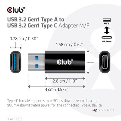 CLUB3D CAC-1525 tussenstuk voor kabels USB A USB TYPE C Zwart
