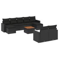10-delige Loungeset met kussens poly rattan zwart - thumbnail