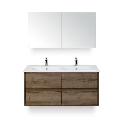 Porto Badmeubelset 120 cm - 4 laden Tabacco - Keramische Wastafel Wit Slim - met Spiegelkast