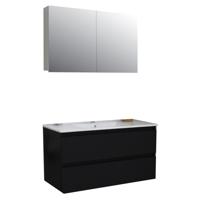 Badkamermeubel BWS Pepper Wastafel Porselein Incl Spiegelkast 2 Deurs Met 1 Krg 100x55x46 cm Mat Zwart - thumbnail