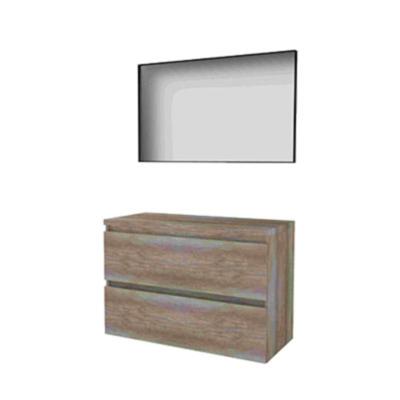 Basic-Line Framed 46 Badkamermeubelset - 100 x 46 cm - Greeploos - 2 Lades - Wastafelblad - Spiegel met Zwart Aluminium Frame - Scotch Oak