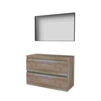 Basic-Line Framed 46 Badkamermeubelset - 100 x 46 cm - Greeploos - 2 Lades - Wastafelblad - Spiegel met Zwart Aluminium Frame - Scotch Oak - thumbnail