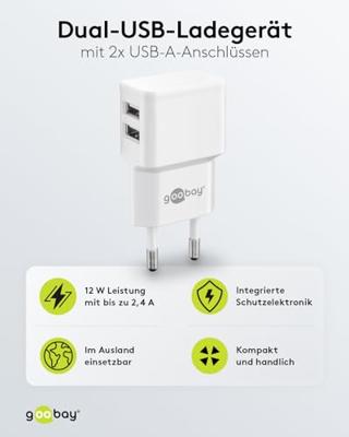 USB-A-adapter - USB-A-lader - 2 poorts - 2400mA - 12W - Wit