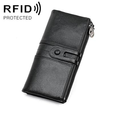 3520 Long Cowhide Leather Folding Anti-magnetic RFID Wallet for Ladies with Card Slots(Black)