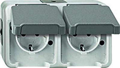 Merten 4074947 AquaStar Compleet Wandcontactdoos met randaarde en klapdeksel spatwaterdicht Lichtgrijs 2-voudig 1 stuk(s)