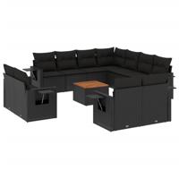 12-delige Loungeset met kussens poly rattan zwart - thumbnail