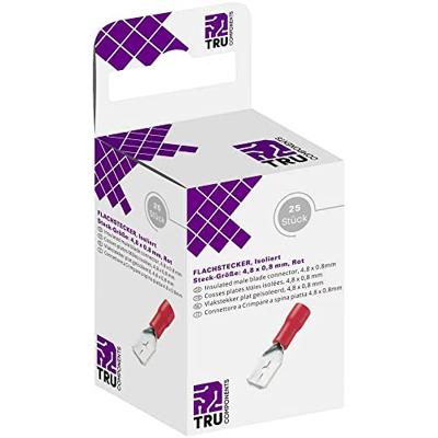 TRU COMPONENTS T1904C109 Assortiment platte stekkers (male) Insteekbreedte: 4.80 mm Insteekdikte: 0.80 mm 180 ° Deels geïsoleerd Rood 25 stuk(s)