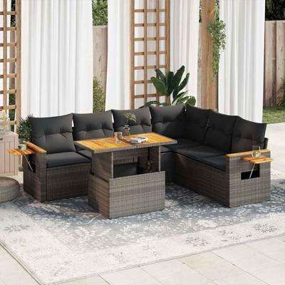 7-delige Loungeset met kussens poly rattan grijs