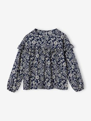 Meisjesblouse met ruches met bloemenprint marineblauw