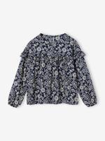 Meisjesblouse met ruches met bloemenprint marineblauw - thumbnail
