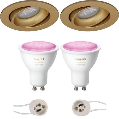 GU10 Inbouwspot Set - Mat Goud - Inbouw Rond - Kantelbaar - Philips Hue - White and Color Ambiance - Bluetooth - Pragmi Delton Pro - Ø82mm
