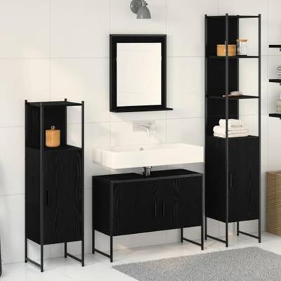 Badkamermeubelset met plank met opslag 4 pcs Zwart Bewerkt hout