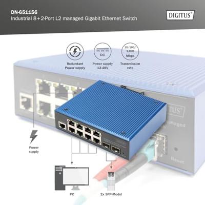 Digitus DN-651156 Industrial Ethernet Switch 8 + 2 poorten 10 / 100 / 1000 MBit/s Digitus DN-651156 Industrial Ethernet Switch 8 + 2 poorten 10 / 100 / 1000 MBit/s