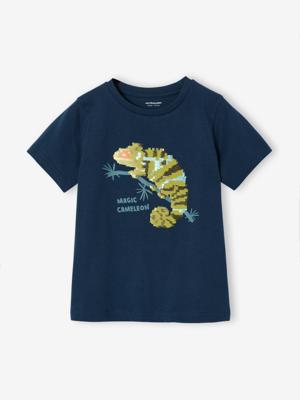 Jongensshirt met motief in omkeerbare pailletten Basics oceaanblauw