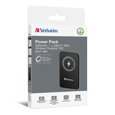 Verbatim Charge n Go Magnetic Wireless Powerbank 5000 mAh Fast Charge, Quick Charge 3.0, USB PD 3.0, Adaptive Fast Charge LiPo USB-C Zwart