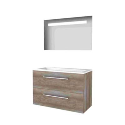 Basic-Line Economic 46 Badkamermeubelset - 100 x 46 cm - Met Grepen - 2 Lades - Acryl Wastafel - 2 Kraangaten - Spiegel met LED Verlichting - Scotch Oak