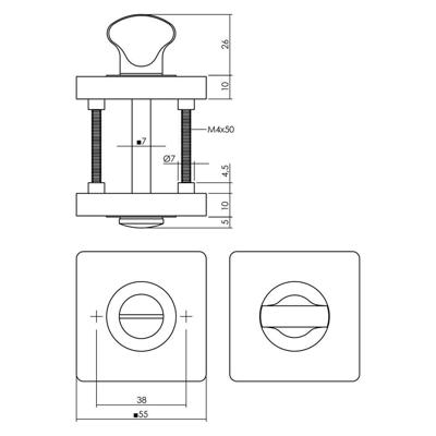 WC-sluiting verdekt 55x55x10mm met nokken en stift 7x7mm zwart