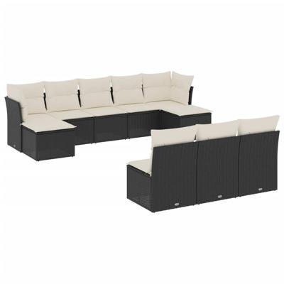 10-delige Loungeset met kussens poly rattan zwart - thumbnail