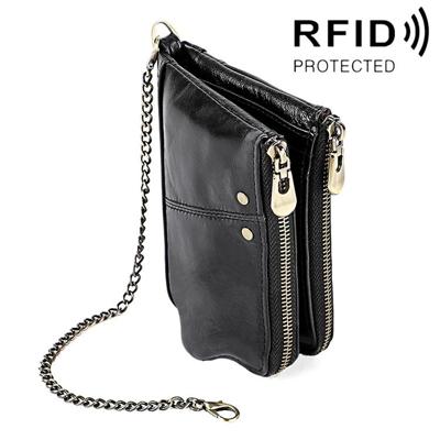 LT3533 Long Crazy Horse Texture Cowhide Leather Folding Anti-magnetic RFID Wallet Clutch Bag for Men with Card Slots & Shoulder Strap(Black)
