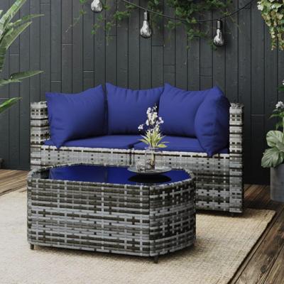 3-delige Loungeset met kussens poly rattan grijs