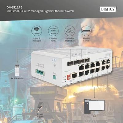 Digitus DN-651145 Industrial Ethernet Switch 8 + 4 poorten 10 / 100 / 1000 MBit/s Digitus DN-651145 Industrial Ethernet Switch 8 + 4 poorten 10 / 100 / 1000 MBit/s