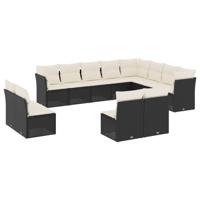 12-delige Loungeset met kussens poly rattan zwart - thumbnail