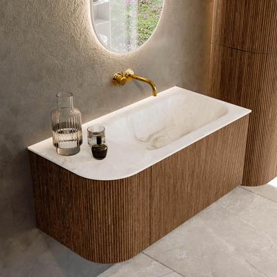 Mondiaz KURVE-DLUX 95 cm Onderkast Greeploos 1 Lade Met Deuren Walnut, Wastafel Solid Surface Rechts Frappe 0 Kraangaten Zonder Spiegel (KRVBGS95L1L1D0KR-Wal/Fra)