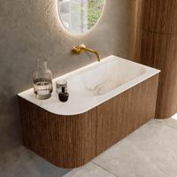 Mondiaz KURVE-DLUX 95 cm Onderkast Greeploos 1 Lade Met Deuren Walnut, Wastafel Solid Surface Rechts Frappe 0 Kraangaten Zonder Spiegel (KRVBGS95L1L1D0KR-Wal/Fra) - thumbnail