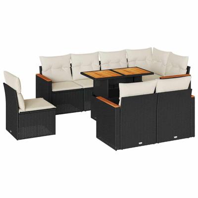 9-delige Loungeset met kussens poly rattan acacia zwart