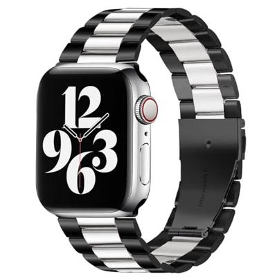 By Qubix - Stalen schakelband - Zwart met zilver - Compatible met Apple watch 44mm / 45mm / 46mm / 49mm - Compatible Apple watch bandjes