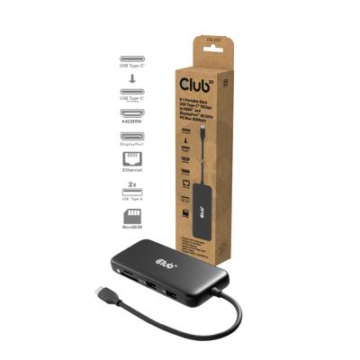 Club3D CSV-2551 8-1 Draagbare USB Type-C® Dock 10 Gbps naar HDMI™ en DisplayPort™ 8K30Hz PD Max.100Watt