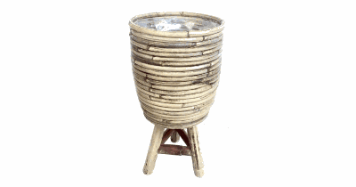 Rotan plantenmand met plastic op poten grijs 18x28cm