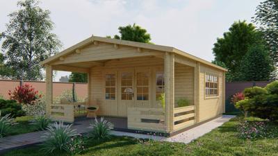 Tuindeco Nottingham Blokhut 540x440 cm + overkapping 200 cm 58 mm vuren blank- Zadeldak- Onbehandeld vurenhout- Tuindeco