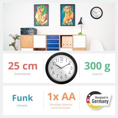 Mebus 52450 Wandklok Zendergestuurd 26 cm x 26 cm x 26 cm x 4.5 cm Zwart