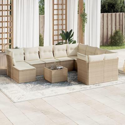 11-delige Tuinset met kussens poly rattan beige